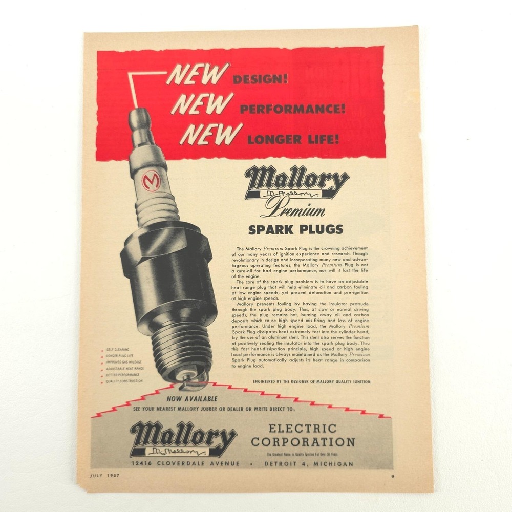 Mallory Spark Plugs 1957 Promo Art Vintage Advertising Upcycled Decor Print Ad